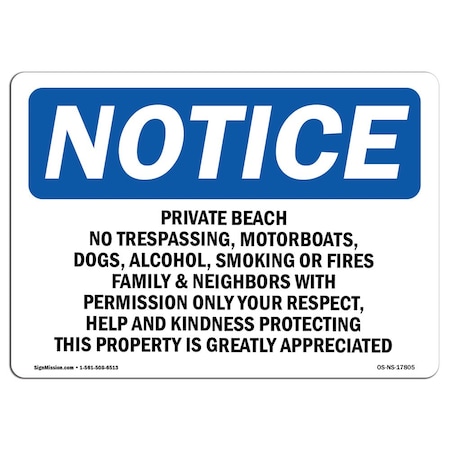 Signmission OSHA Sign, 7" H, 10" W, Rigid Plastic, Private Beach No Trespassing Motorboats Sign, Landscape OS-NS-P-710-L-17805